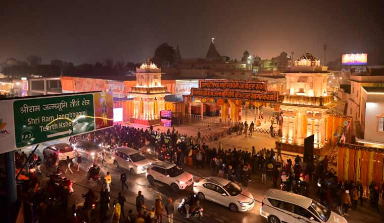 Decoration at the ceremonial gateway leading to the newly-built Ram Temple on the eve of its 'Pran Pratishtha' ceremony, in Ayodhya | PTI