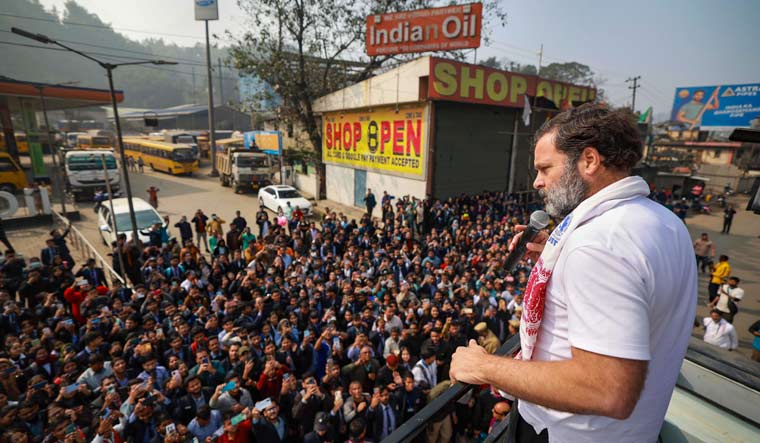 Congress leader Rahul Gandhi addresses a public meeting during the 'Bharat Jodo Nyay Yatra', in Barpeta | PTI