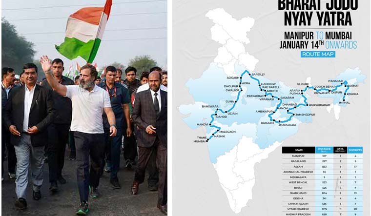 (Left) Rahul Gandhi during his Bharat Jodo Yatra; (Right) Route map of Gandhi's Bharat Jodo Nyay Yatra