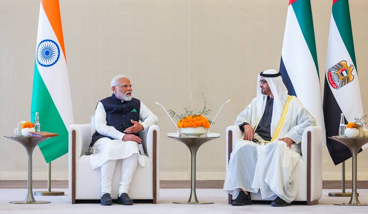 Prime Minister Narendra Modi with UAE President Mohamed bin Zayed Al Nahyan during a meeting, in Abu Dhabi | PTI