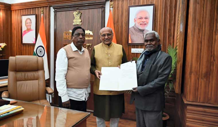 Jharkhand Chief Minister designate Champai Soren calling on Jharkhand Governor CP Radhakrishnan to stake claim to form the government at Raj Bhawan, Ranchi | PTI