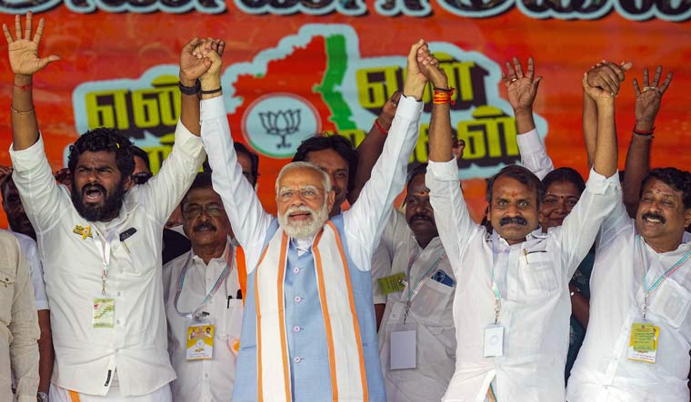 Prime Minister Narendra Modi with Tamil Nadu BJP president K. Annamalai and other leaders during a BJP rally at Palladam in Tirupur | PTI
