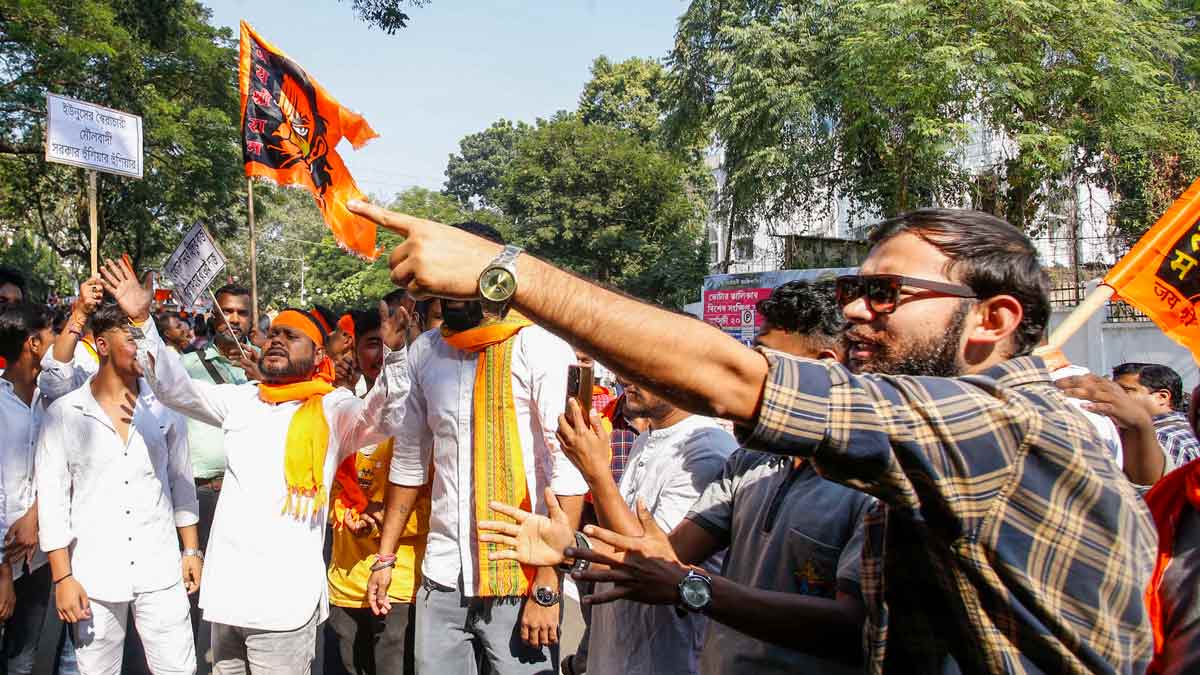 Activists from the Hindu community stage a protest over alleged atrocities on Hindus in Bangladesh, in Agartala | PTI