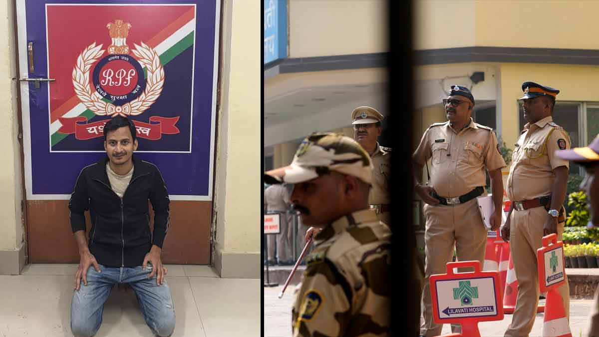 (Left) Akash Kanojia who was detained by RPF in Bollywood actor Saif Ali Khan's knife attack case; (right) police personnel stand outside Lilavati hospital where Khan underwent surgery | PTI/AP