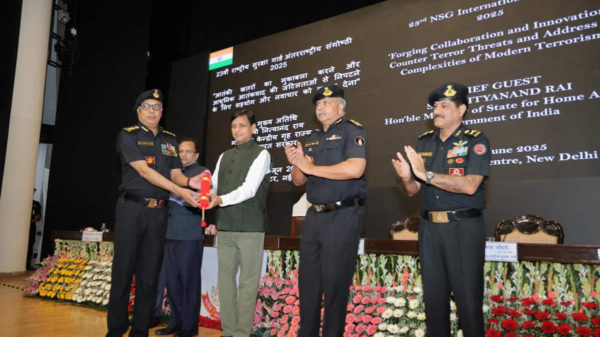 Union Minister of State for Home Affairs Nityanand Rai felicitates an NSG personnel during the opening ceremony of the 23rd National Security Guard (NSG) International Seminar, at Manekshaw Centre in New Delhi
