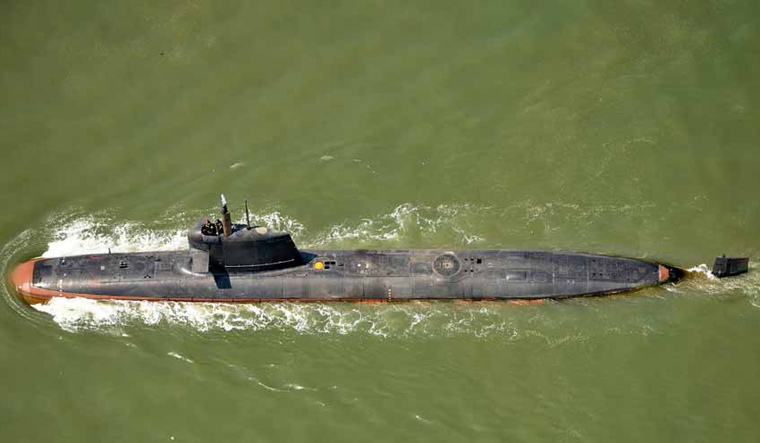 (File) A Scorpene class submarine of the Indian Navy before on sea trials
