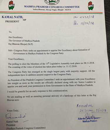 Kamal Nath letter to governor