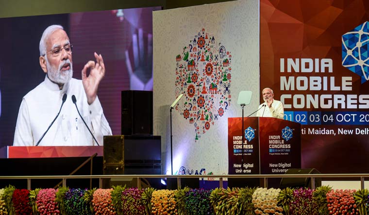 Prime Minister Narendra Modi speaks during the launch of 5G services at the 6th India Mobile Congress | PTI
