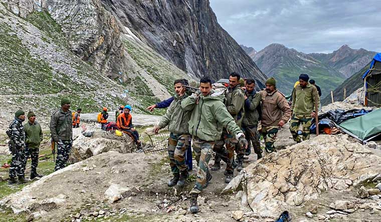 Army personnel during a rescue operation, a day after a flash-flood in Amarnath | PTI