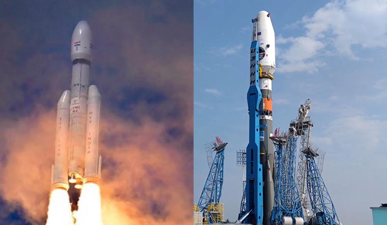 [Left] Chandrayaan-3 travels after it was launched from the Satish Dhawan Space Centre in Sriharikota; [right] A Soyuz 2.1b rocket with the Luna-25 lander is seen mounted on the launch pad | AP/AFP