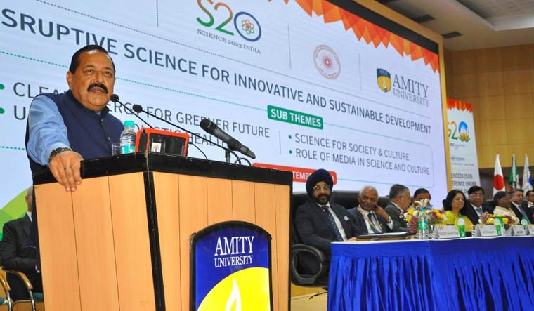 Union minister Jitendra Singh addresses the gathering after inaugurating the S-20 Conference at Amity University’s Noida campus.