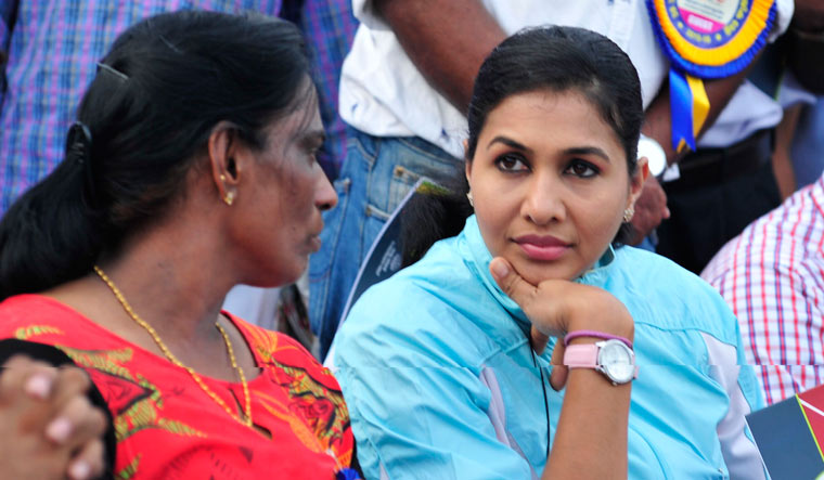 (File) Anju Bobby George (right) with P.T. Usha | Russell Shahul