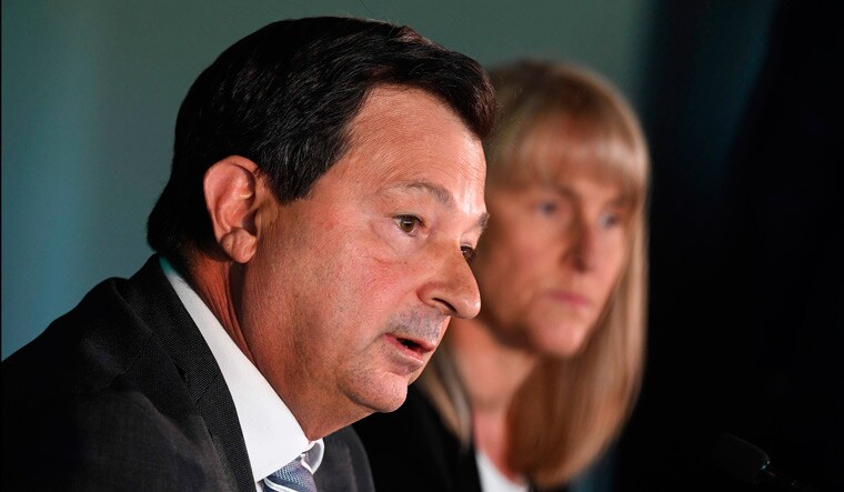 Cricket Australia chairman David Peever (left) addresses the media beside the chair of the review sub-committee Jacquie Hey during a press conference in Melbourne | AFP