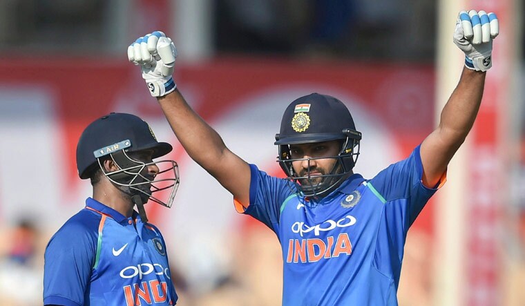 Rohit Sharma celebrates after reaching his century during the fourth ODI match against West Indies, at Brabourne Stadium in Mumbai | PTI