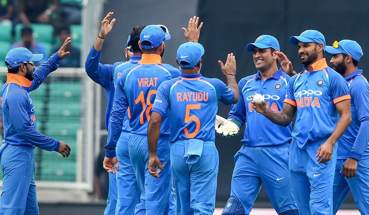India players celebrate the dismissal of West Indies batsman Kieran Powell on the fifth ODI | PTI