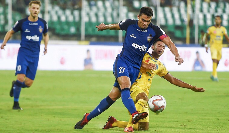 [File] Players of Chennaiyin FC (Blue jersey) and Kerala Blasters FC in action during their match at the 5th edition of ISL football tournament, at Jawaharlal Nehru Stadium in Chennai on November 29 | PTI