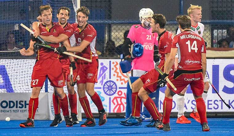 Belgium players celebrate after scoring a goal against Germany during their quarterfinal match, at the Men's Hockey World Cup 2018, in Bhubaneswar | PTI