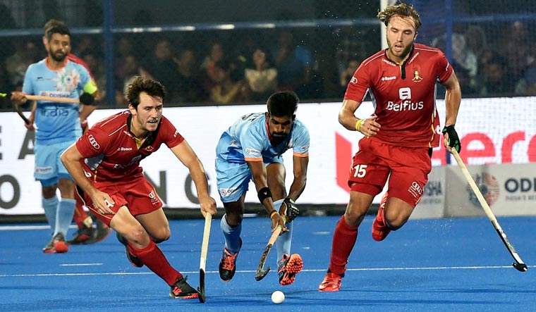 India (blue) and Belgium in action during the men's Hockey World Cup 2018, in Bhubaneswar | PTI