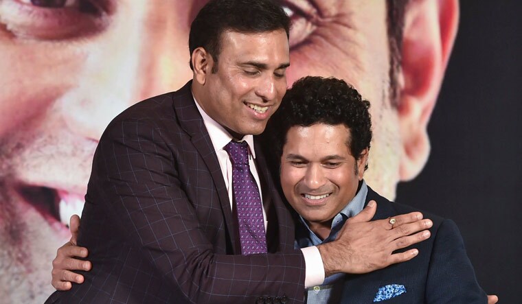 Former cricketers V.V.S. Laxman and Sachin Tendulkar at the launch of Laxman's autobiography '281 and Beyond', in Mumbai | PTI