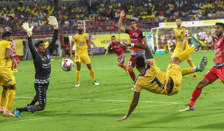Kerala Blasters FC (yellow) and Jamshedpur FC players in action during the ISL 2018, at Jawaharlal Nehru International Stadium in Kochi | PTI