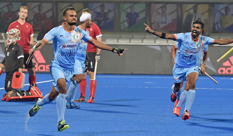 India's Lalit Upadhyay celebrates his second goal against Canada during the men's Hockey World Cup 2018, in Bhubaneswar | PTI