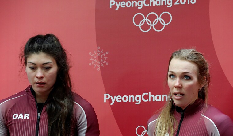 Olympic athletes from Russia Nadezhda Sergeeva and Anastasia Kocherzhova after the Bobsleigh Women's Finals at the Pyeongchang 2018 Winter Olympics | Reuters