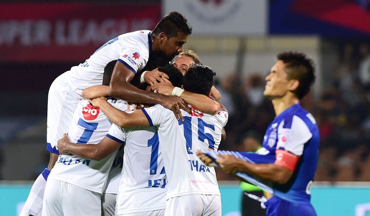 Chennaiyin FC players celebrate their third goal against Bengaluru FC during the ISL final at the Sree Kanteerava Stadium in Bengaluru | PTI