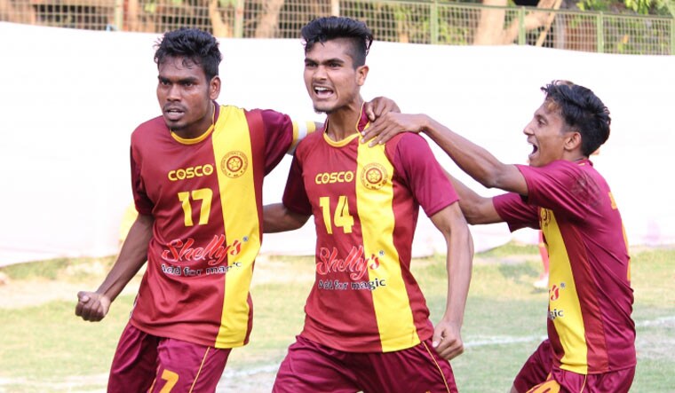 Bengal players celebrate one of their five goals against Maharashtra | aiff.com