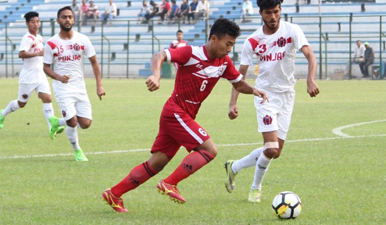 Players of Mizoram and Punjab in action at the Sailen Manna Sports Complex in Howrah in the national football championship for the 72nd Santosh Trophy | aiff.com