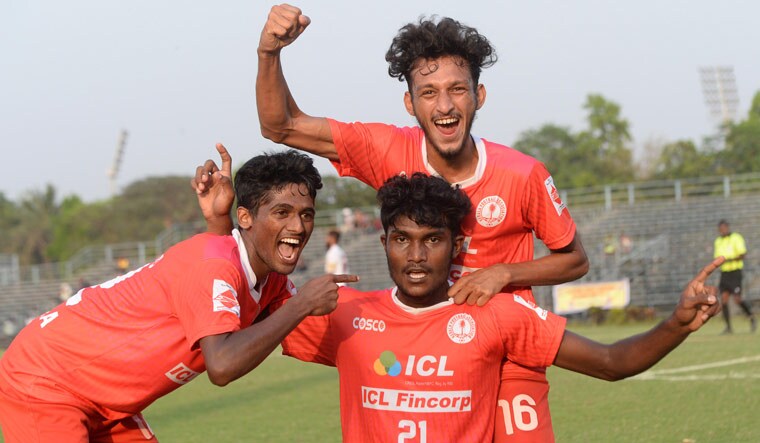 Kerala players celebrate after scoring the solitary winning goal against Bengal in the national football championship for the 72nd Santosh Trophy | Salil Bera