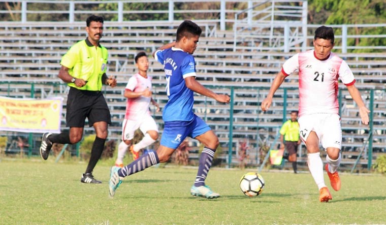 Players of Karnataka and Mizoram in action in the national football championship for the 72nd Santosh Trophy | aiff.com