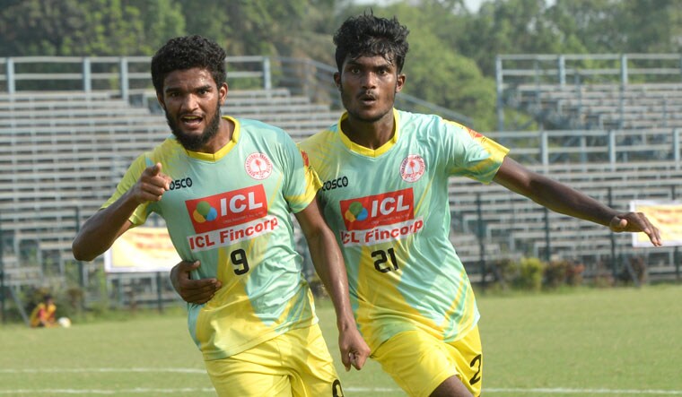 Kerala's V.K. Afdal (left) celebrates with K.P. Rahul after scoring the only goal in the semifinal against Mizoram in the Santosh Trophy in Kolkata | Salil Bera