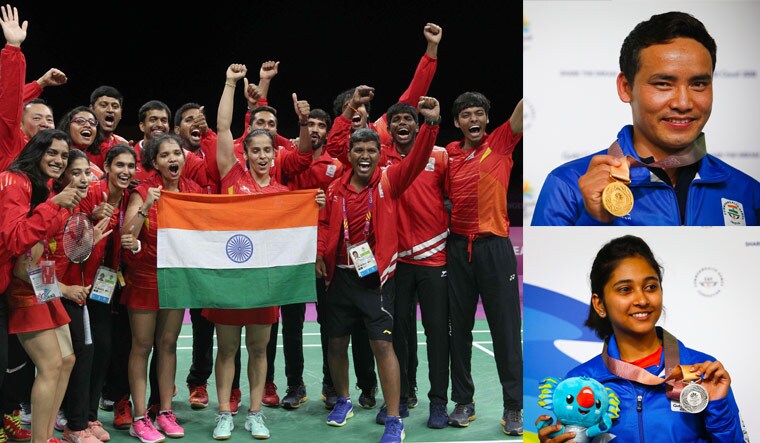 Clockwise from left: The Indian badminton team; Jitu Rai; Mehuli Ghosh | Reuters; AFP