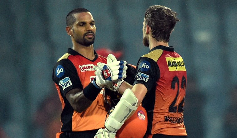 Sunrisers Hyderabad's Kane Williamson (right) and Shikhar Dhawan celebrate after their win against Delhi Daredevils | PTI