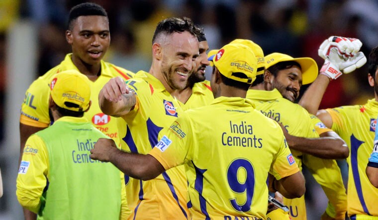 Chennai Super Kings player Faf du Plessis (C) celebrates with his teammates after guiding his team to a two-wicket win over Sunrisers Hyderabad during the IPL 2018 qualifier match in Mumbai | AP