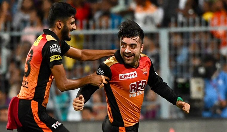 SRH's Rashid Khan celebrates with teammate Khaleel Ahmed after dismissing a KKR batsman in the qualifier 2 of the IPL 2018, at Eden Gardens, Kolkata | Salil Bera