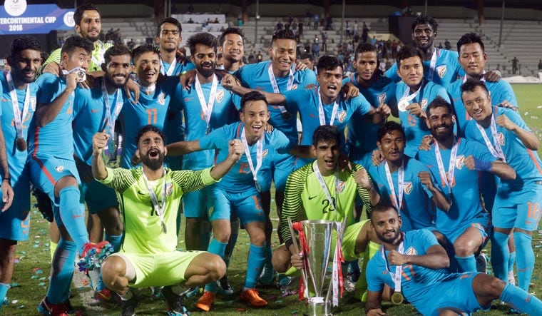 India's football players celebrate their win over Kenya in the Hero Intercontinental Cup final | AP