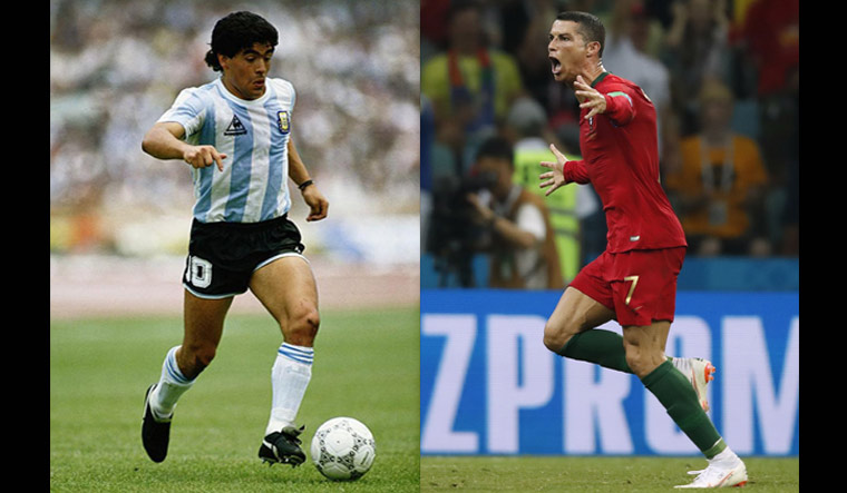 (L) A file photo of Diego Maradona playing for Argentina; (R) Cristiano Ronaldo reacts during the match between Portugal and Spain in FIFA World Cup 2018