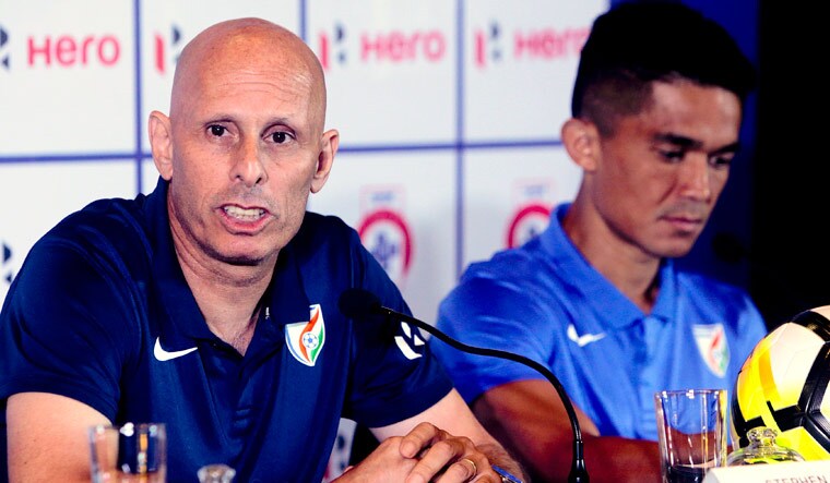 Indian football coach Stephen Constantine with captain Sunil Chhetri during a pre-tournament press conference for the Hero Intercontinental Cup in Mumbai | AP