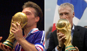(Left) Didier Deschamps kissing the 1998 World Cup trophy; (Right) Deschamps with the 2018 World Cup trophy | Reuters