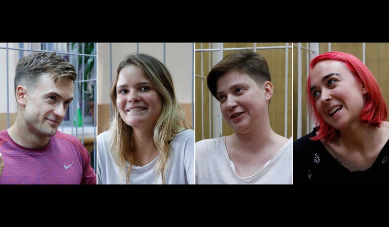 (Left to right) Pyotr Verzilov, Veronika Nikulshina, Olga Pakhtusova and Olga Kurachyova were arrested for invading the pitch during the World Cup final | Reuters