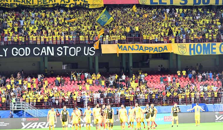 Kerala Blasters players applaud the fans after the match against Melbourne City FC, during the LaLiga World tournament at the Jawaharlal Nehru Stadium in Kochi | Josekutty Panackal