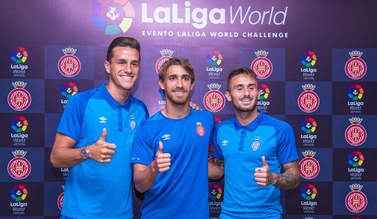 (From left) Girona FC players Bernardo Espinosa, Marc Muniesa and Aleix García | Vipin Das P.