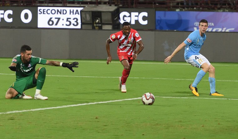 Girona FC's Yhoan Andzouana (centre) scores his team's fifth goal against Melbourne City FC at the LaLiga World tournament in Kochi | Robert Vinod