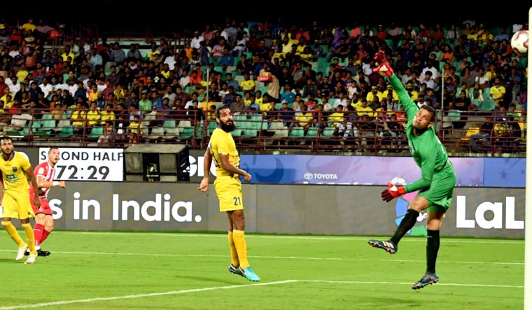 Girona FC's Aday Benitez scores his team's fourth goal against Kerala Blasters in the LaLiga World tournament in Kochi | Josekutty Panackal