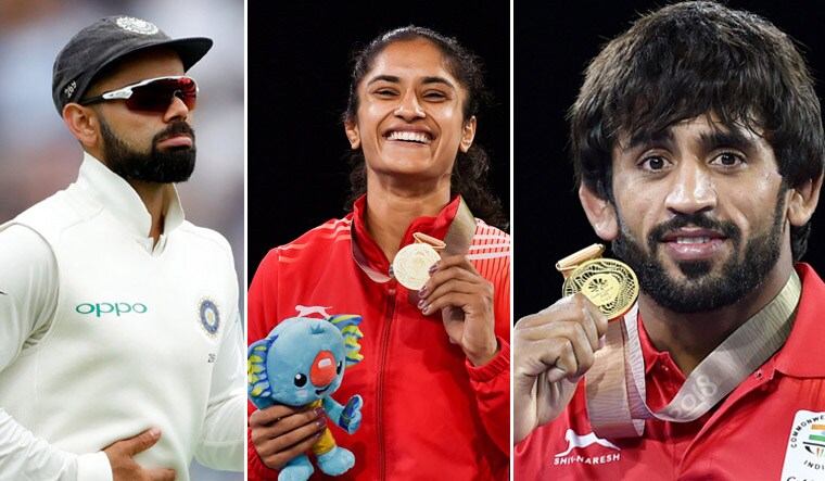 Virat Kohli (left) was nominated for the Khel Ratna despite Vinesh Phogat (centre) and Bajrang Punia's performance in the Commonwealth Games and Asian Games | Reuters; PTI