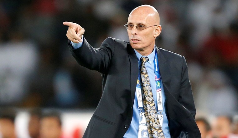 India football coach Stephen Constantine gestures from the sideline during the group A match against the UAE at the AFC Asian Cup in Abu Dhabi | Reuters