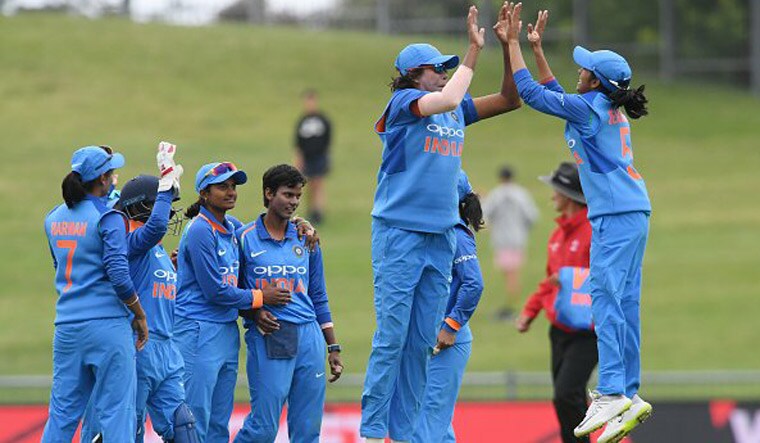 India players celebrate during the first ODI against New Zealand | Twitter (BCCI Women)