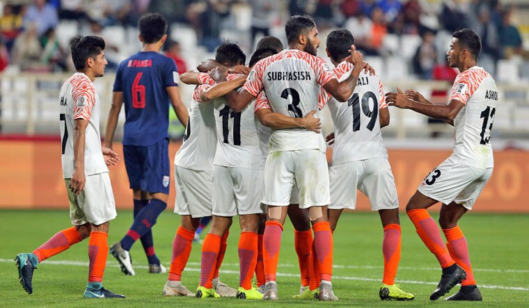 Indian players celebrate the opening goal during the AFC Asian Cup group A soccer match between Thailand and India at Al Nahyan Stadium in Abu Dhabi, United Arab Emirates, Sunday | AP