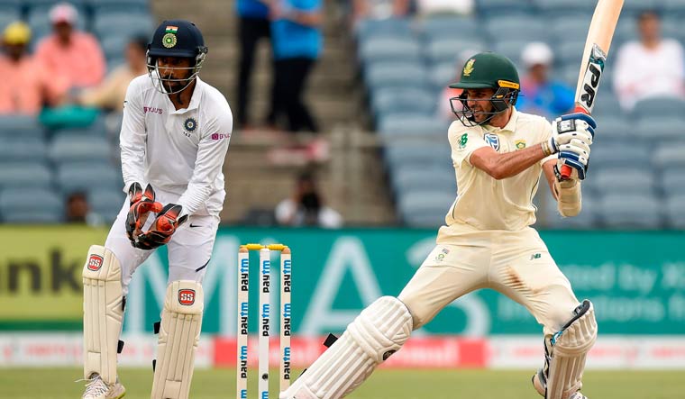 South Africa's Keshav Maharaj plays a shot during the third day play | AFP